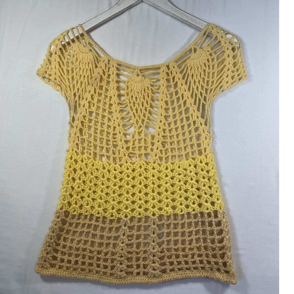 Handmade Crochet Knit Ombre Boho Top Yellow Tan Pineapple Stitch Cap Sleeve